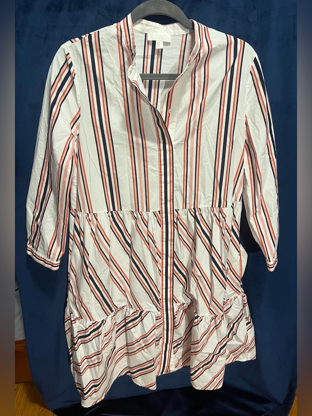 COS White Midi Dress with Coral and Navy Vertical Stripes